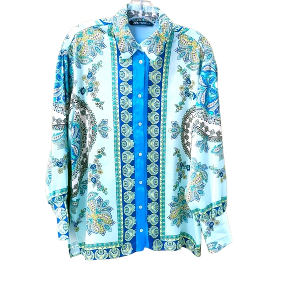 Zara Silky Satin Turquoise Floral Paisley Print Button-down Blouse women's XS - Picture 2 of 9
